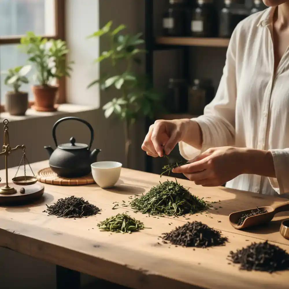 A tranquil workspace where tea leaves are gently examined on a wooden table