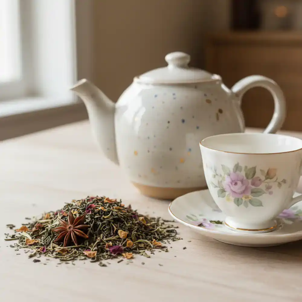 Close-up photo of loose-leaf tea scattered near a ceramic teapot and a delicate cup