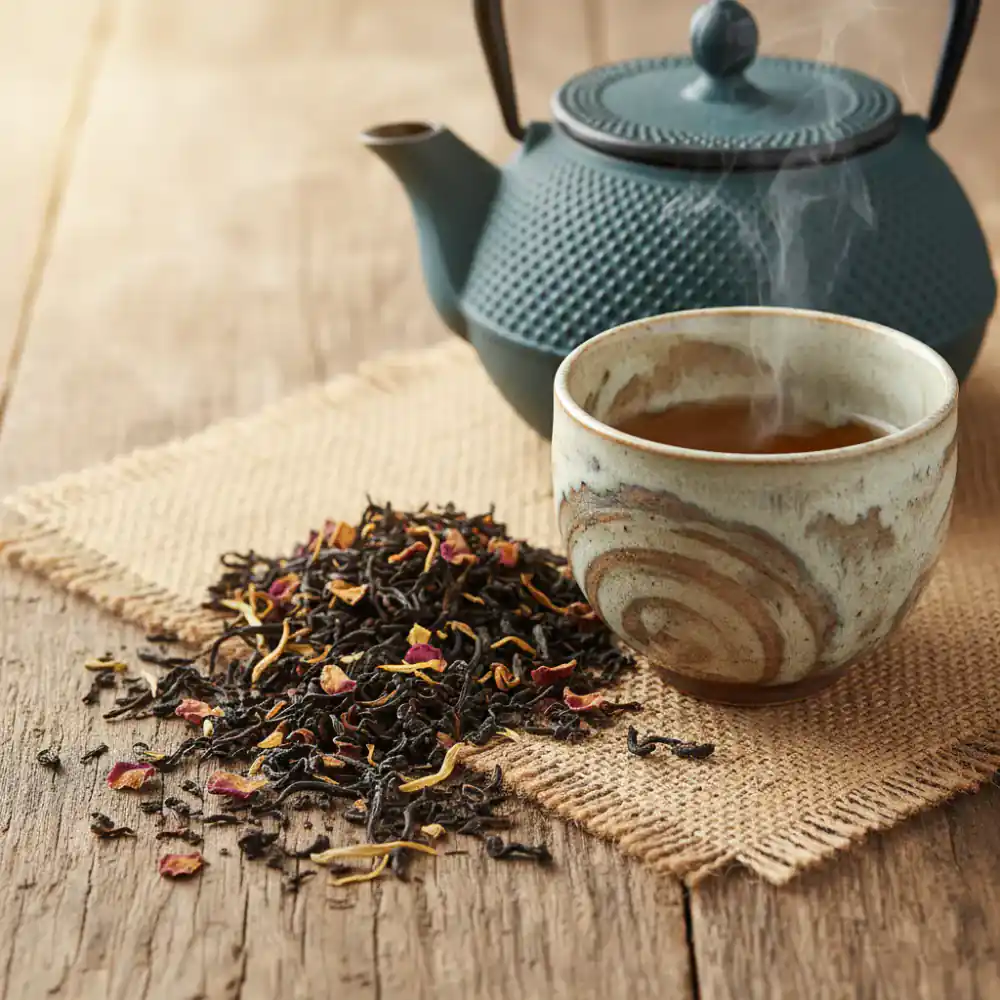 Close-up photo of loose-leaf tea, a teapot, and a cup on a warm textured surface