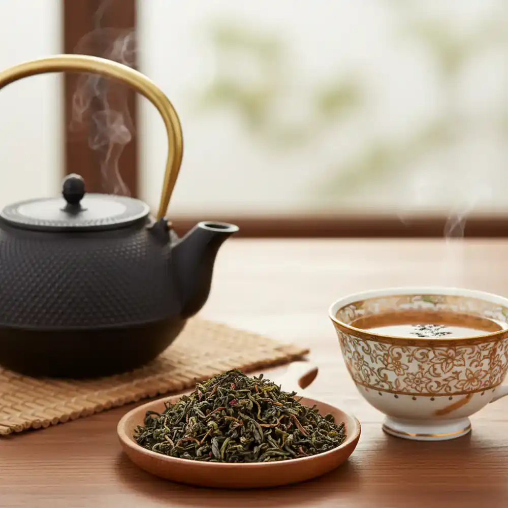 Close-up photo of loose-leaf tea, a teapot, and an elegant cup