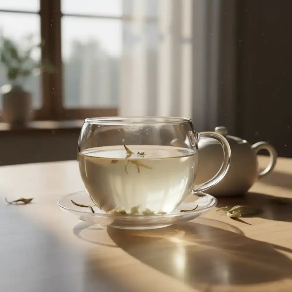 A delicate glass cup of pale white tea bathed in golden sunlight