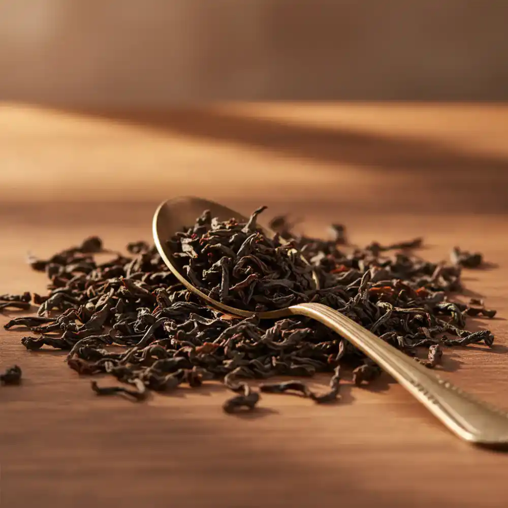 Warm lighting on fresh black tea leaves scattered around a brass spoon