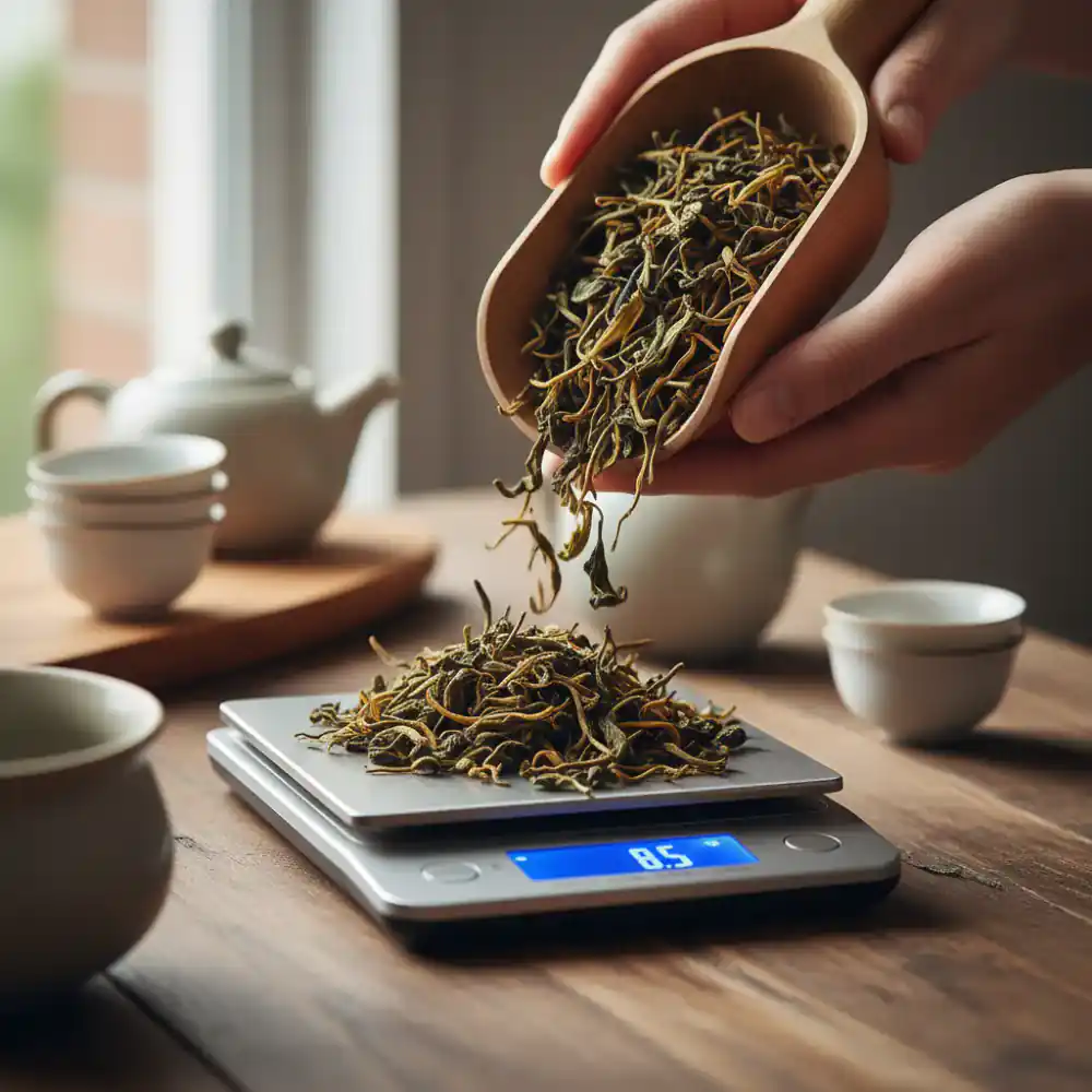 Measuring a generous scoop of whole loose leaves onto a scale