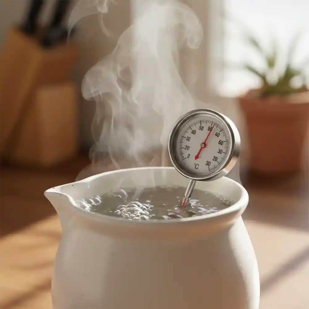 Thermometer measuring hot water temperature inside a ceramic kettle